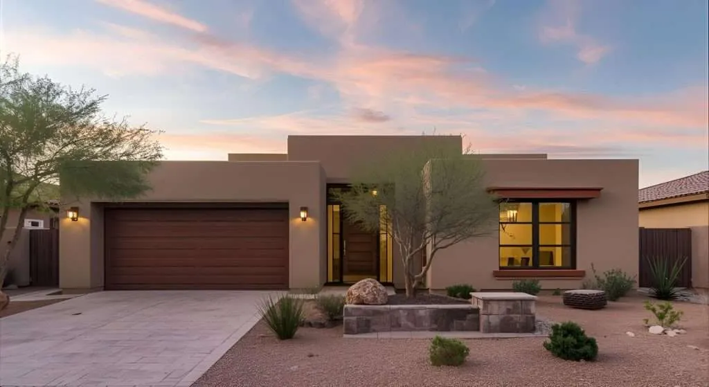 Modern Queen Creek home with desert landscaping.