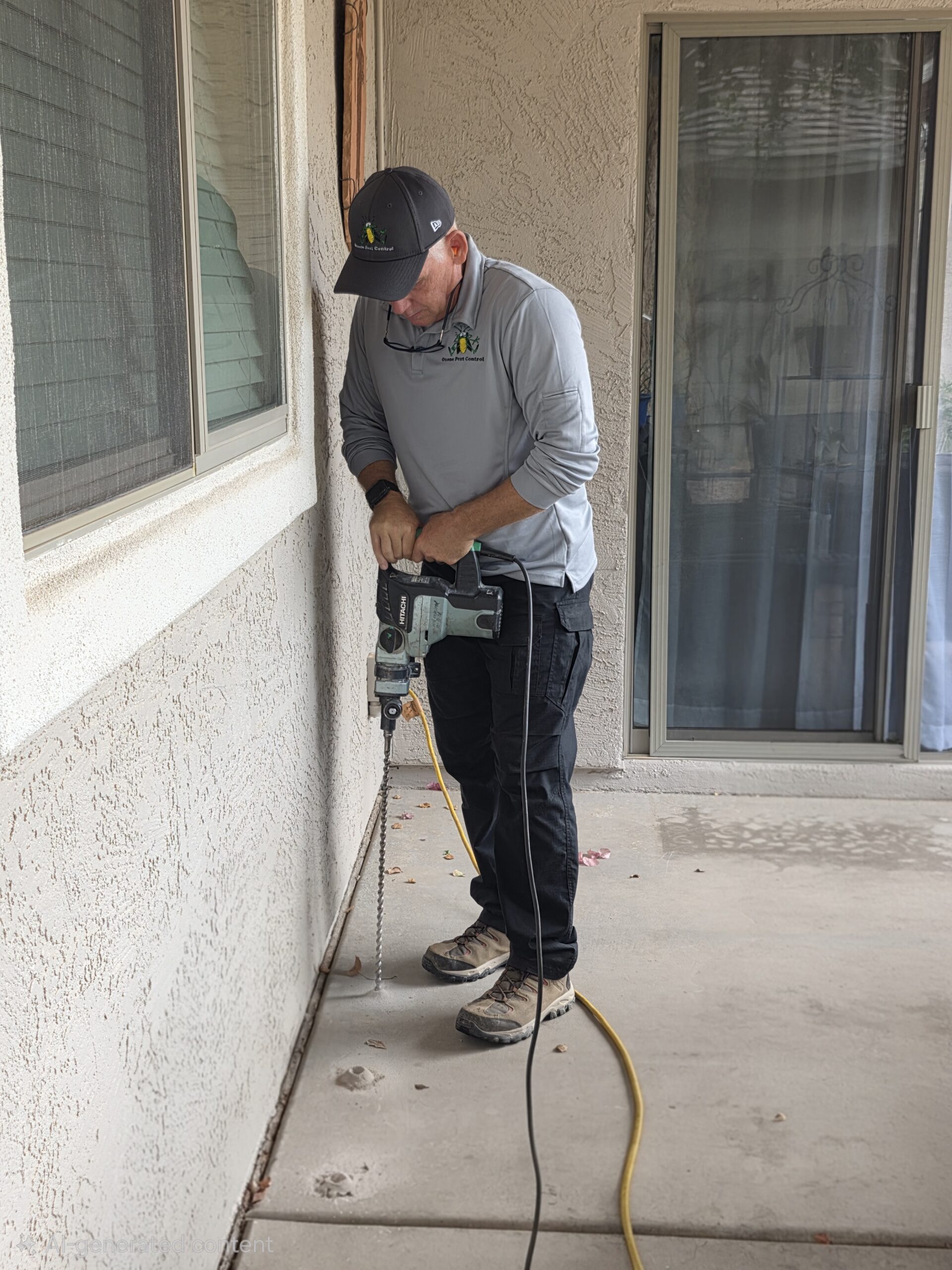 Harry drilling along a foundation wall to treat for termites