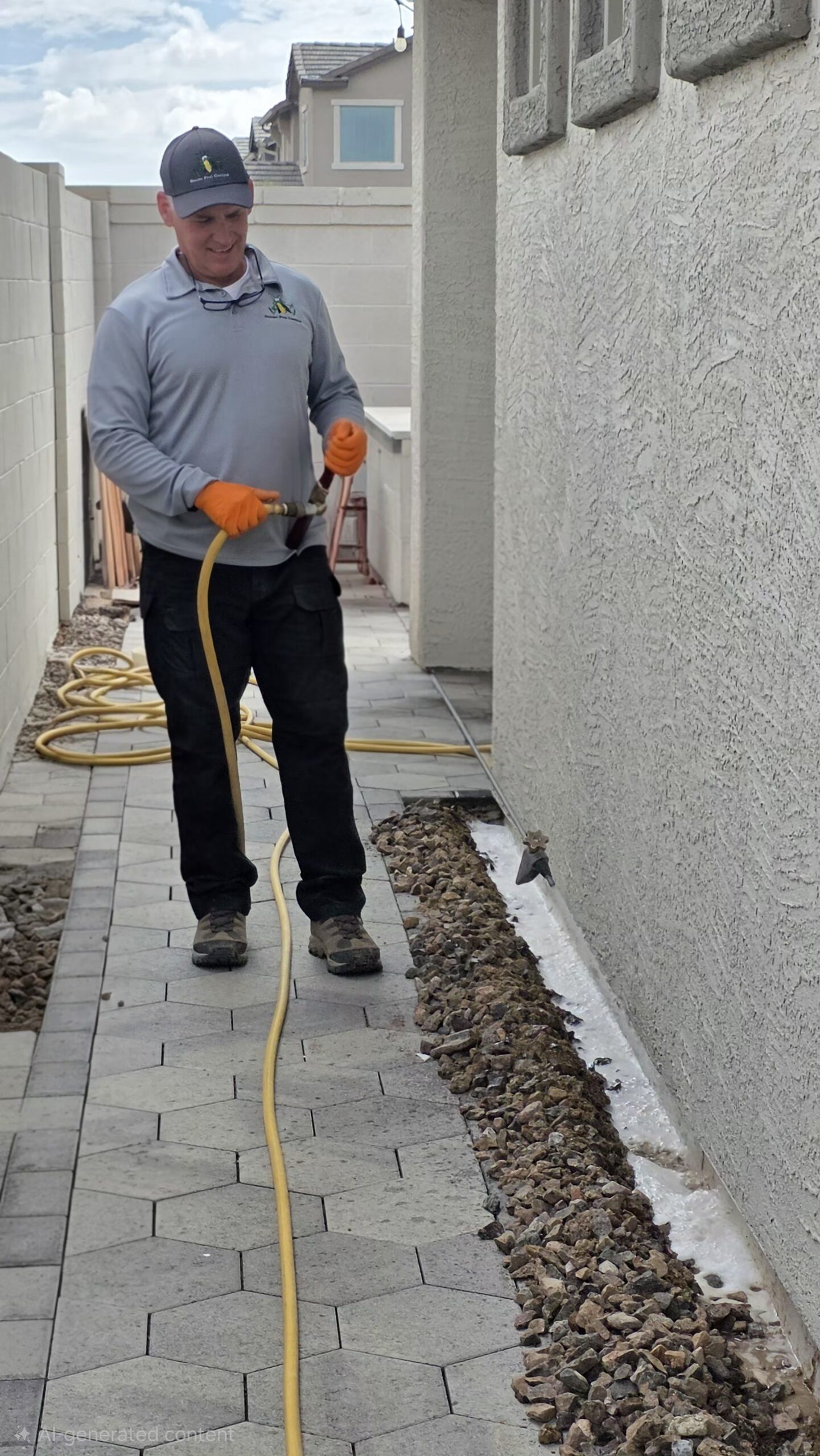 Harry treating the exterior of a home for subterranean termites